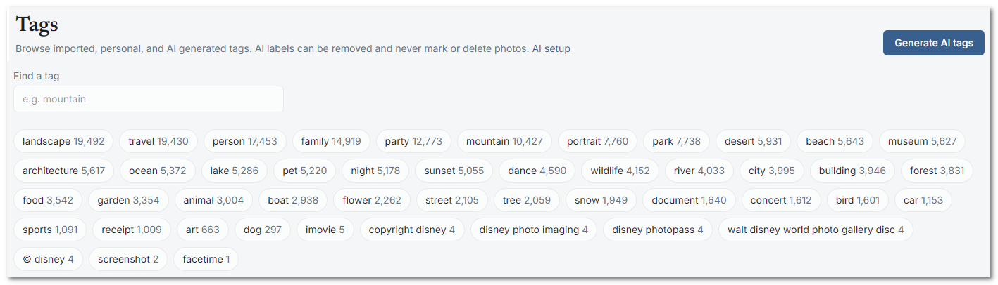 MemoryLane Tags view showing thousands of locally generated AI tags for a photo archive