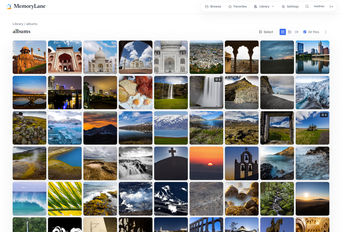 MemoryLane displaying a large photo library as a fast, browsable grid of albums