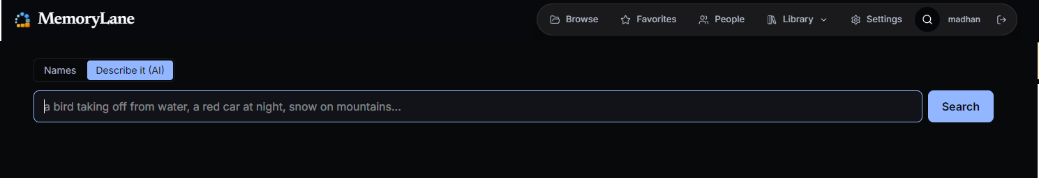 MemoryLane natural-language AI search field with example descriptions