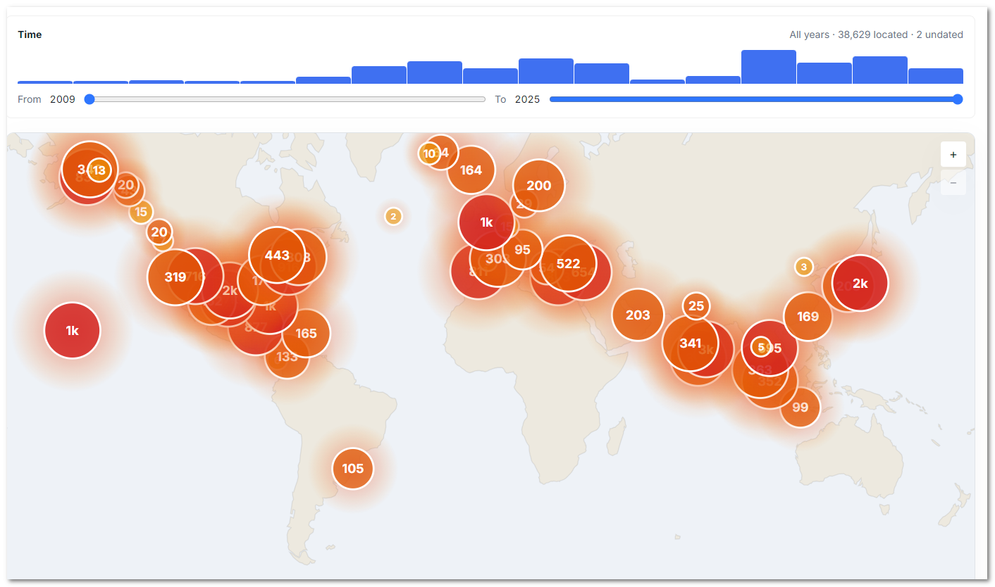 MemoryLane Locations view showing geotagged photographs clustered across an offline world map with a year filter